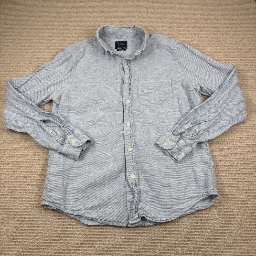 Abercrombie & Fitch 100% Linen Button Down Mens Large Blue Stripe Coastal Preppy